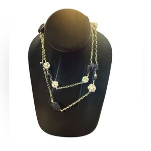 J. Crew Vintage Gold Black CZ Bauble Beaded 34” Necklace